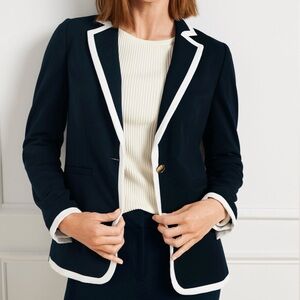 Talbots Nautical Dark Navy Blue Luxe Italian Knit White Banded Blazer Jacket